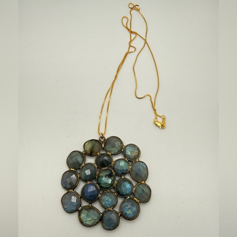 20" gold over s925 box chain necklace w/ faceted labradorite statement pendant!